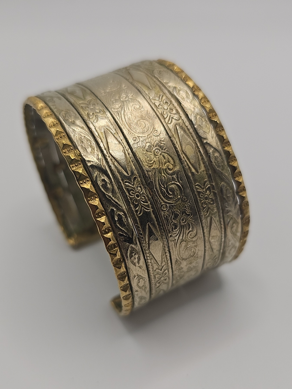 Vintage Mixed Metal Engraved Wide Cuff Bracelet Womens Size OS Gold Silver Tone